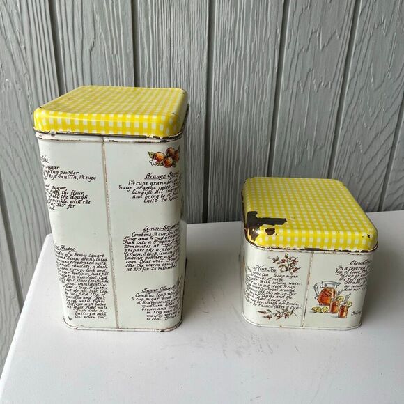 VTG 70s Sugar & Tea Tin Canister Set – Yellow Gingham Lids, Retro Farmhouse Kitc - Picture 3 of 8